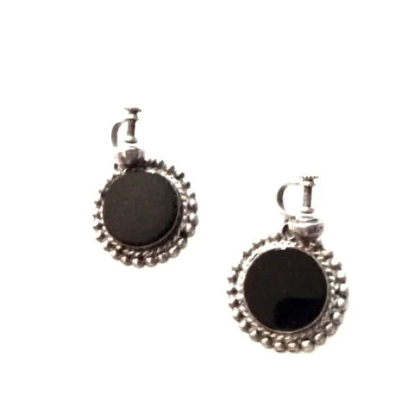 VINTAGE 50s ROUND BLACK ONYX STERLING SILVER .925 SCREWBACK 1" EARRINGS - Picture 5 of 7